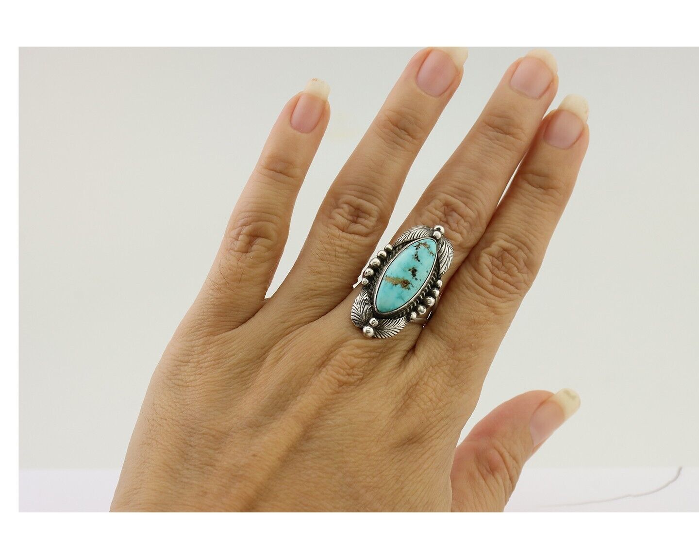 Navajo Ring 925 Silver Natural Blue Turquoise Artist Signed GR HEART C.80's
