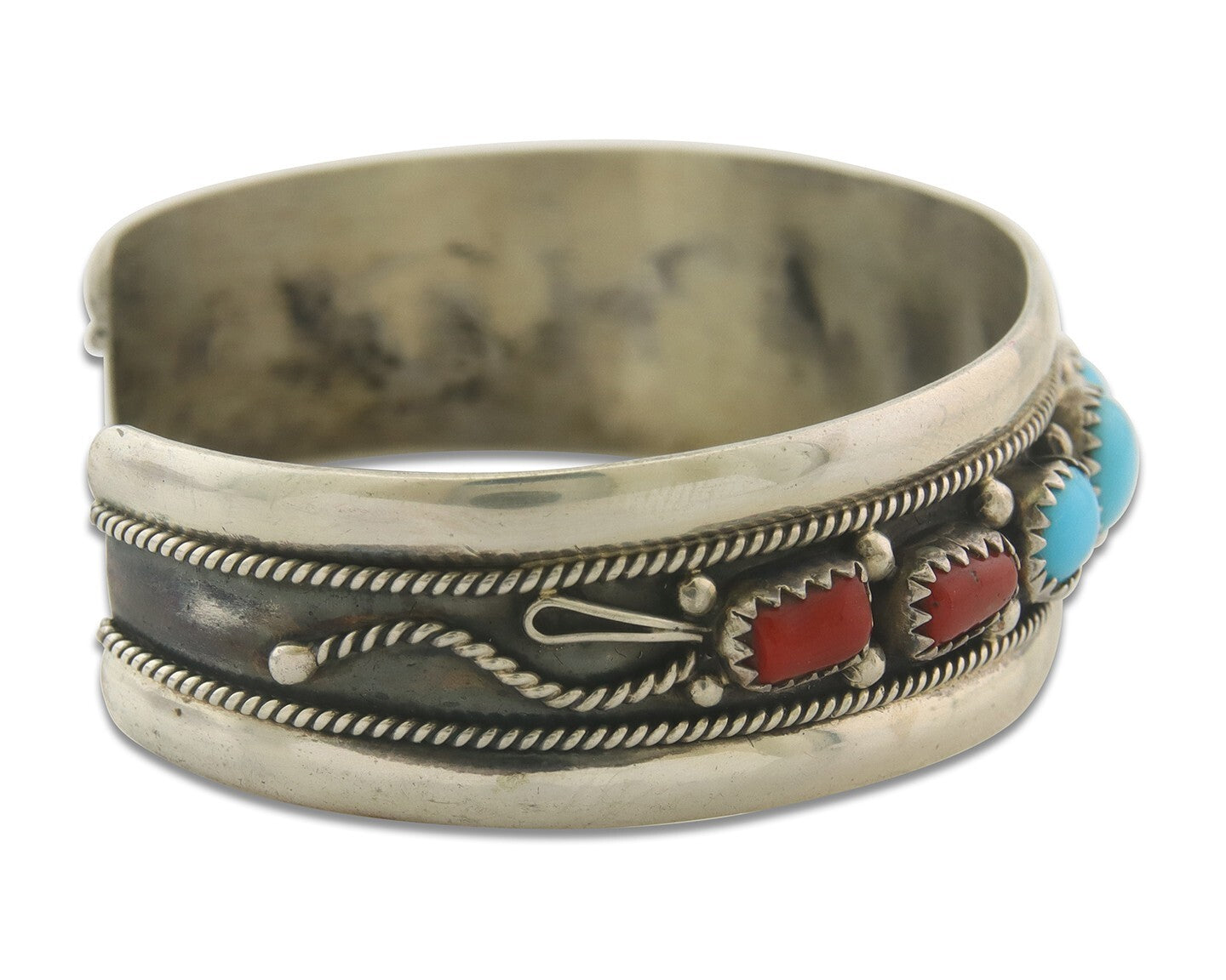 Navajo Bracelet 925 Silver Coral & Turquoise Cuff Signed E C.80's