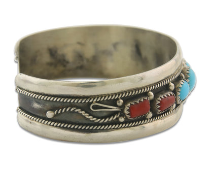Navajo Bracelet 925 Silver Coral & Turquoise Cuff Signed E C.80's