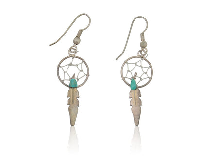 Navajo Dangle Dream Catcher Earrings 925 Silver Blue Turquoise Native Artist C80