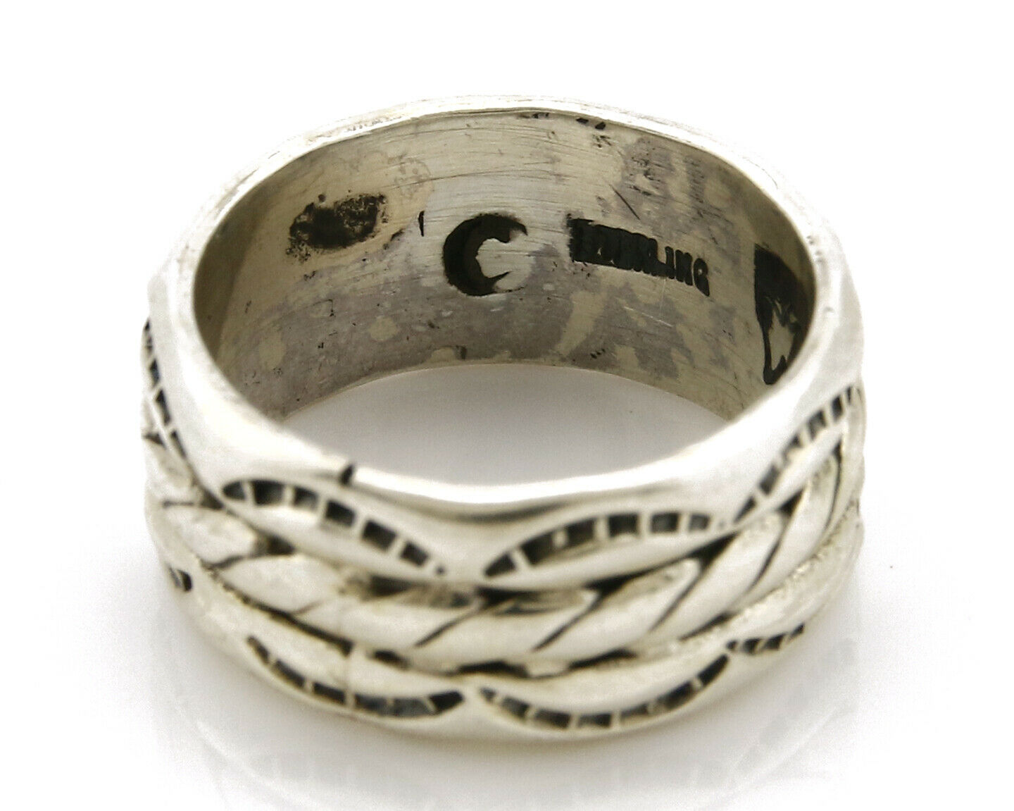 Navajo Ring .925 Silver Handmade Hand Stamped 3 Row Rope Band C.1980's Size 6.75