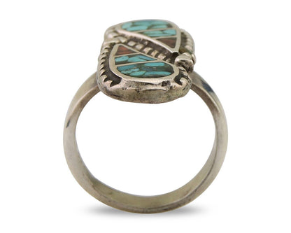 Navajo Ring 925 Silver Chip Inlay Turquoise & Coral Native Artist C.80's