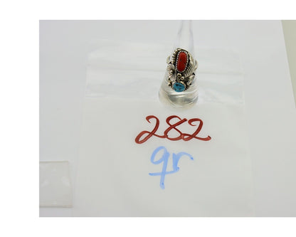Navajo Handmade Ring 925 Silver Coral & Turquoise Signed Circle Max C.80's