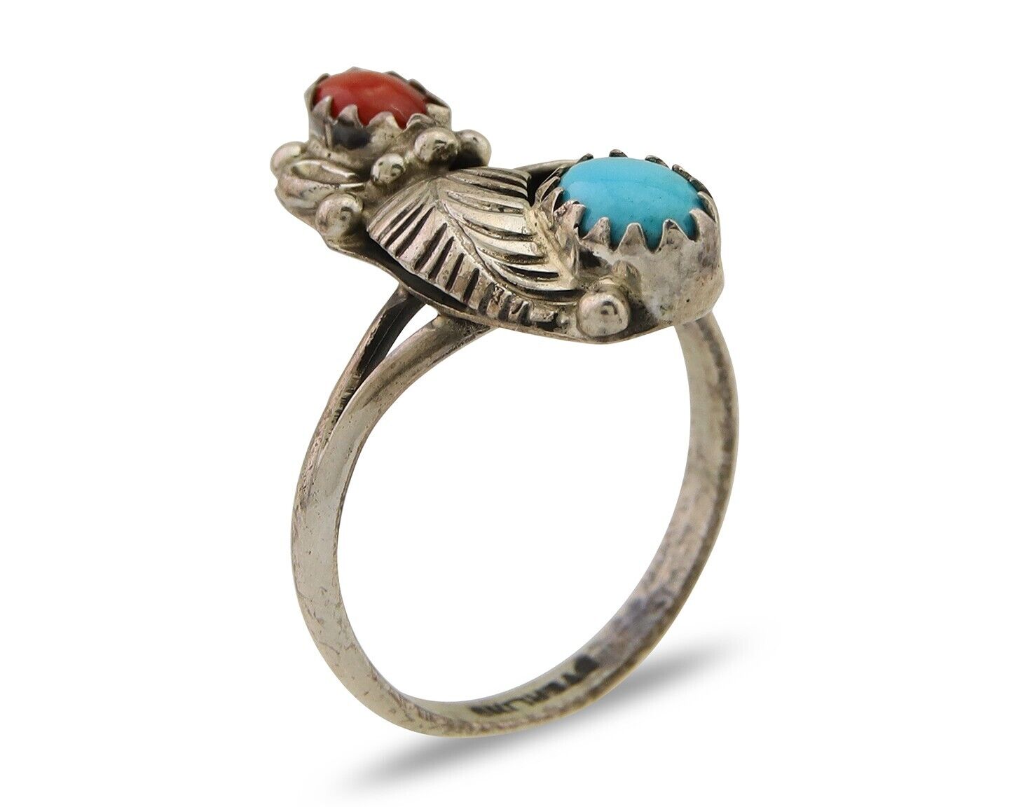 Navajo Handmade Ring 925 Silver Turquoise & Coral Native Artist C.80's