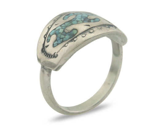 Navajo Ring 925 Silver Inlaid Turquoise Native American Artist C.80's Size 5.5