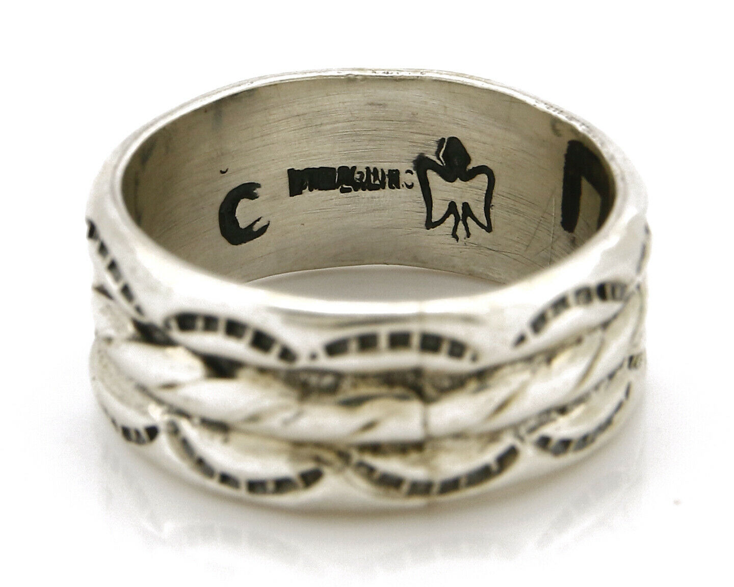 Navajo Ring .925 Silver Handmade Hand Stamped 3 Row Rope Band C.1980s Size 9.25