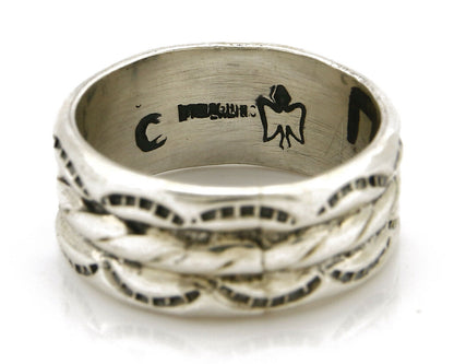 Navajo Ring .925 Silver Handmade Hand Stamped 3 Row Rope Band C.1980s Size 9.25