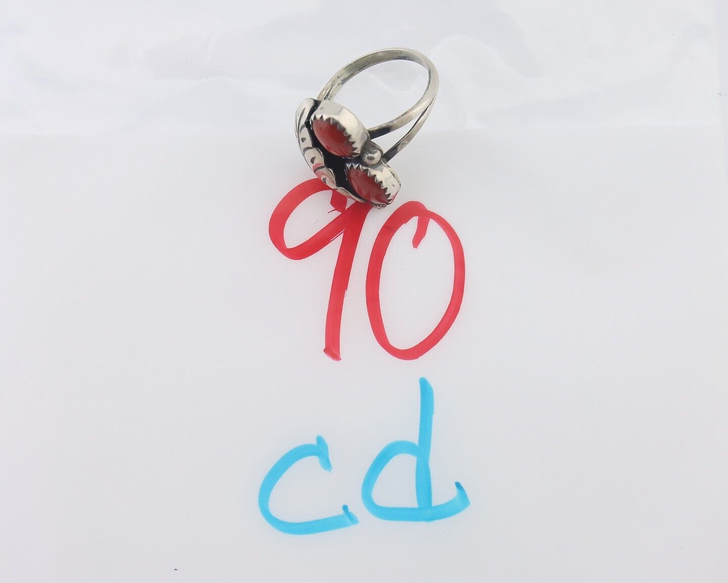 Navajo Handmade Ring 925 Silver Natural Mediterranean Coral Signed 88 C.80's