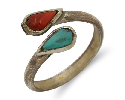 Navajo Handmade Ring 925 Silver Turquoise & Coral Native Artist C.80's