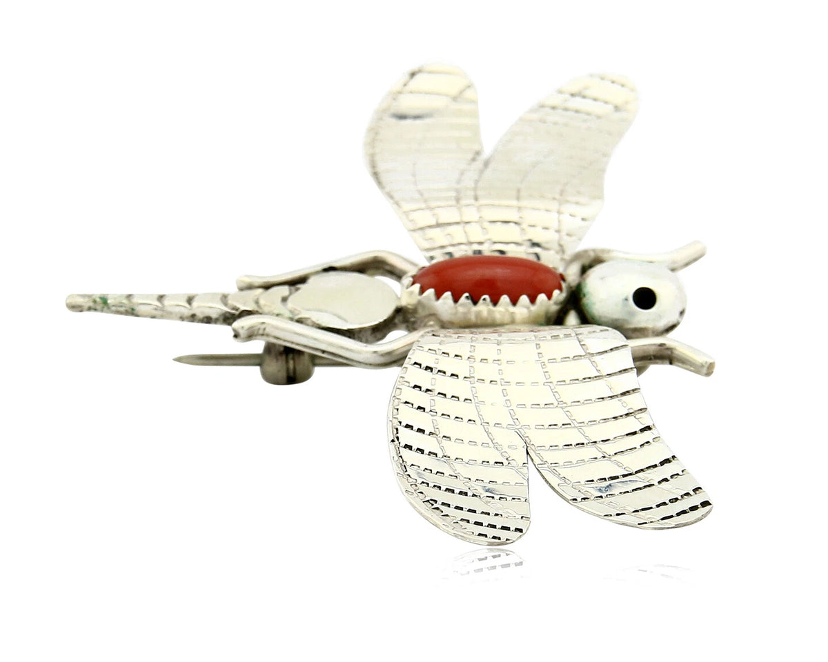 Navajo Pin Pendant .925 Silver Natural Coral Signed Artist Frank Yazzie C.80's