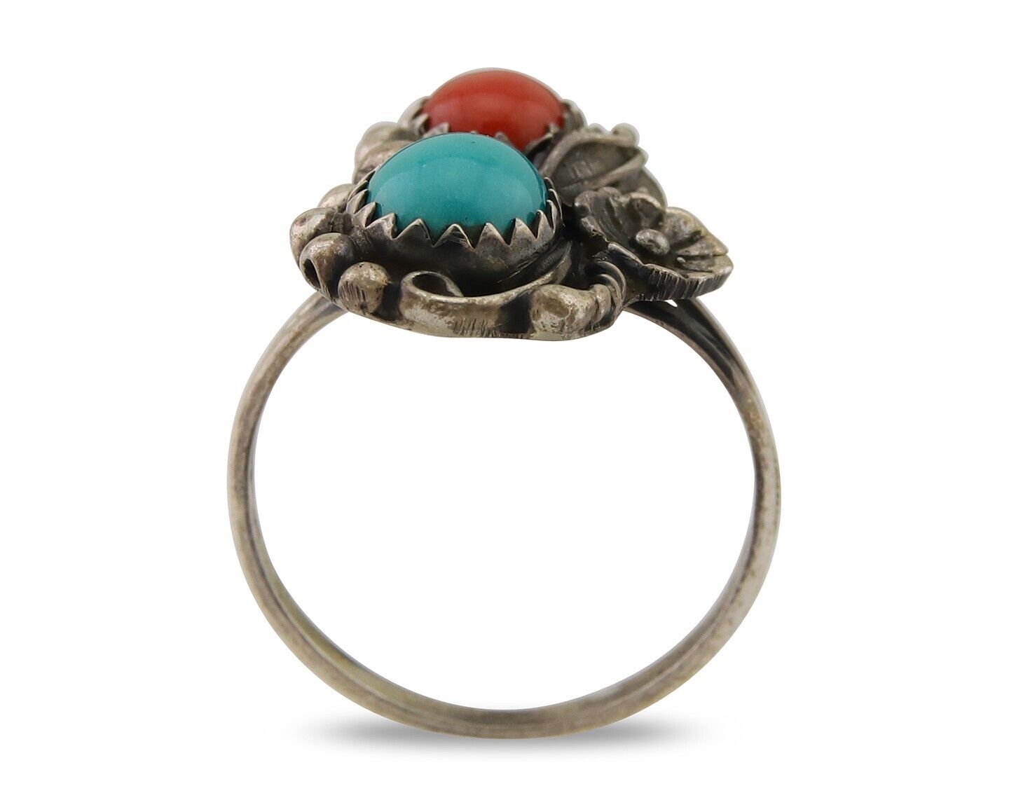 Navajo Ring 925 Silver Turquoise & Coral Native American Artist C.80's