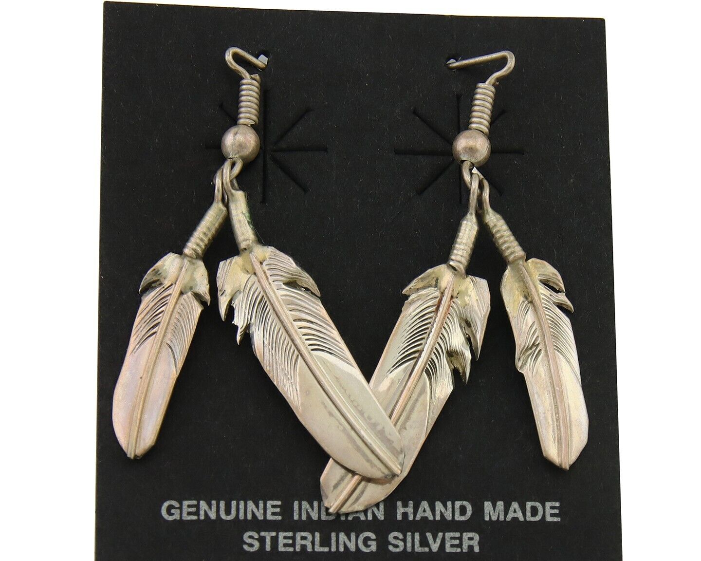 Navajo Earrings 925 Silver Dangle Eagle Feather Native American Artist C.80's