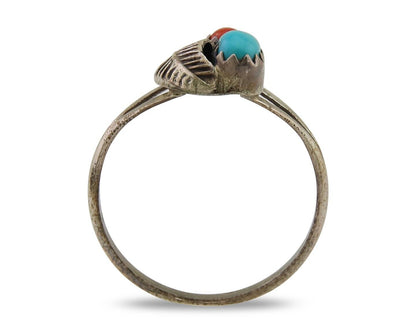Navajo Handmade Ring 925 Silver Turquoise & Coral Native Artist C.80's