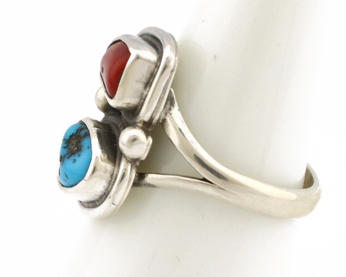 Navajo Ring 925 Silver SB Turquoise & Red Coral Native American Artist C.80s