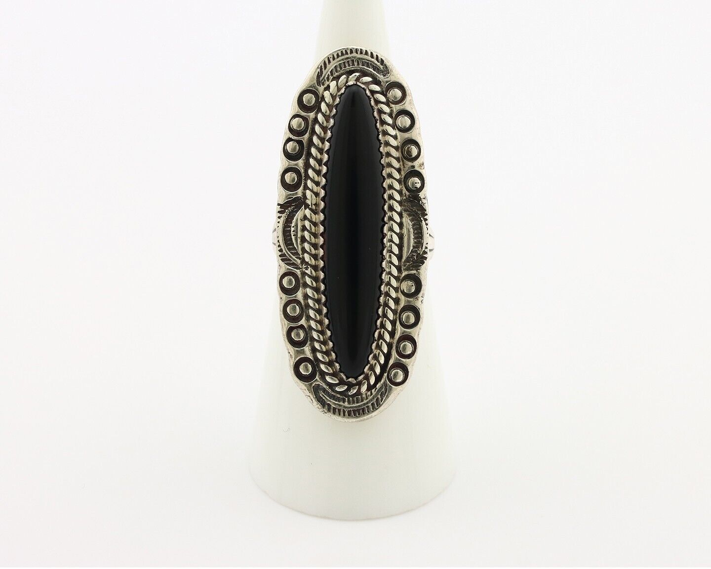 Navajo Ring 925 Silver Onyx Hand Stamped Native American Artist C.80's