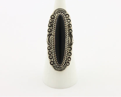 Navajo Ring 925 Silver Onyx Hand Stamped Native American Artist C.80's