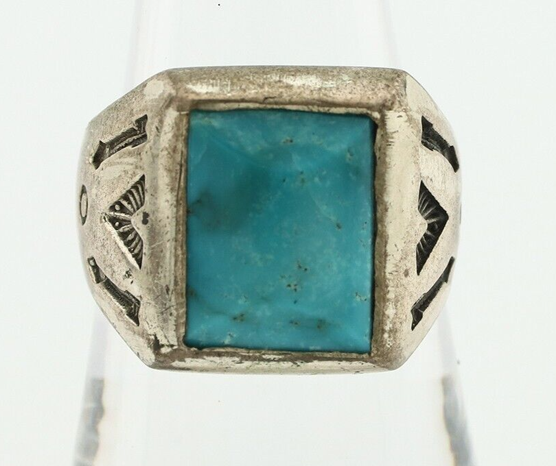 Navajo Ring 925 Silver Kingman Turquoise Signed Sun Bell Silver Company C.80's