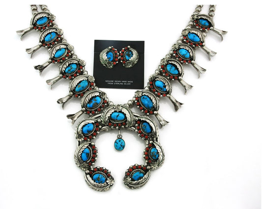 Navajo Necklace Earring Set 925 Sterling Silver Turquoise & Coral Vintage Artist