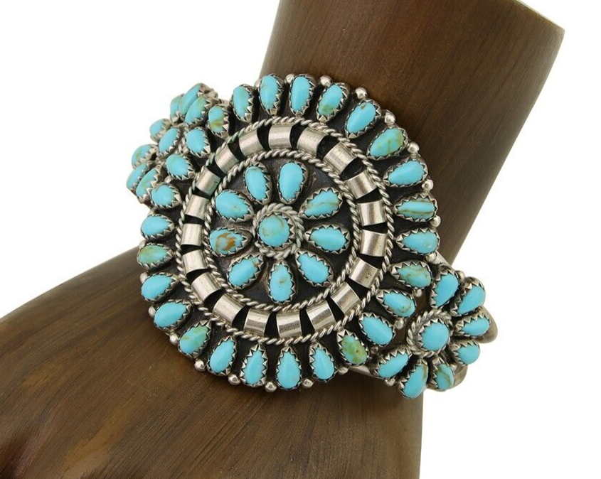 Navajo Bracelet 925 Silver Natural Blue Turquoise Signed Mathilda Benally C.80's