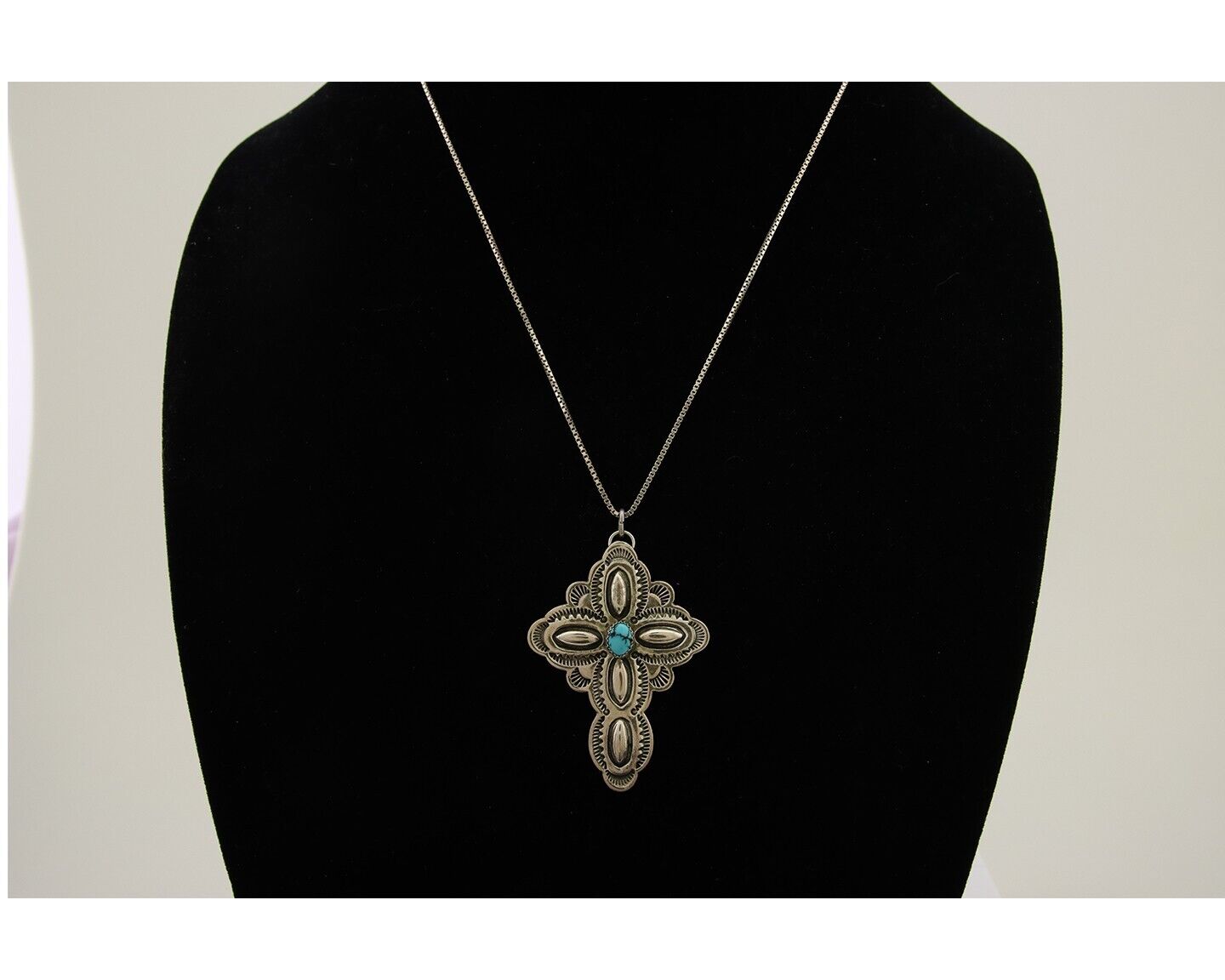 Navajo Cross Hand Stamped Necklace 925 Silver Natural Turquoise Artist JRS C.80s