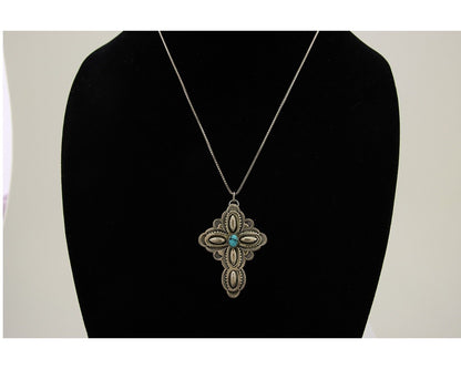Navajo Cross Hand Stamped Necklace 925 Silver Natural Turquoise Artist JRS C.80s