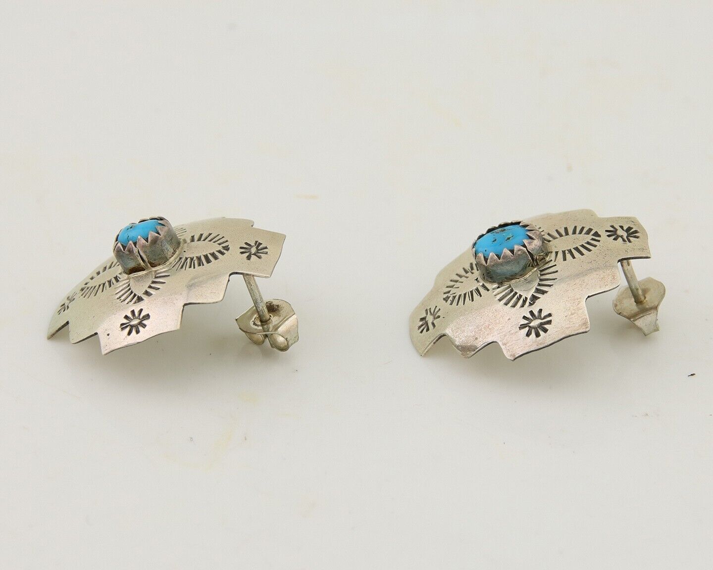 Navajo Hand Stamped Earrings 925 Silver Turquoise Native American Artist C.80's