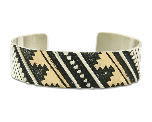 Navajo Bracelet Gold & 925 Silver Handmade 16mm Wide Artist Signed Thomas Singer