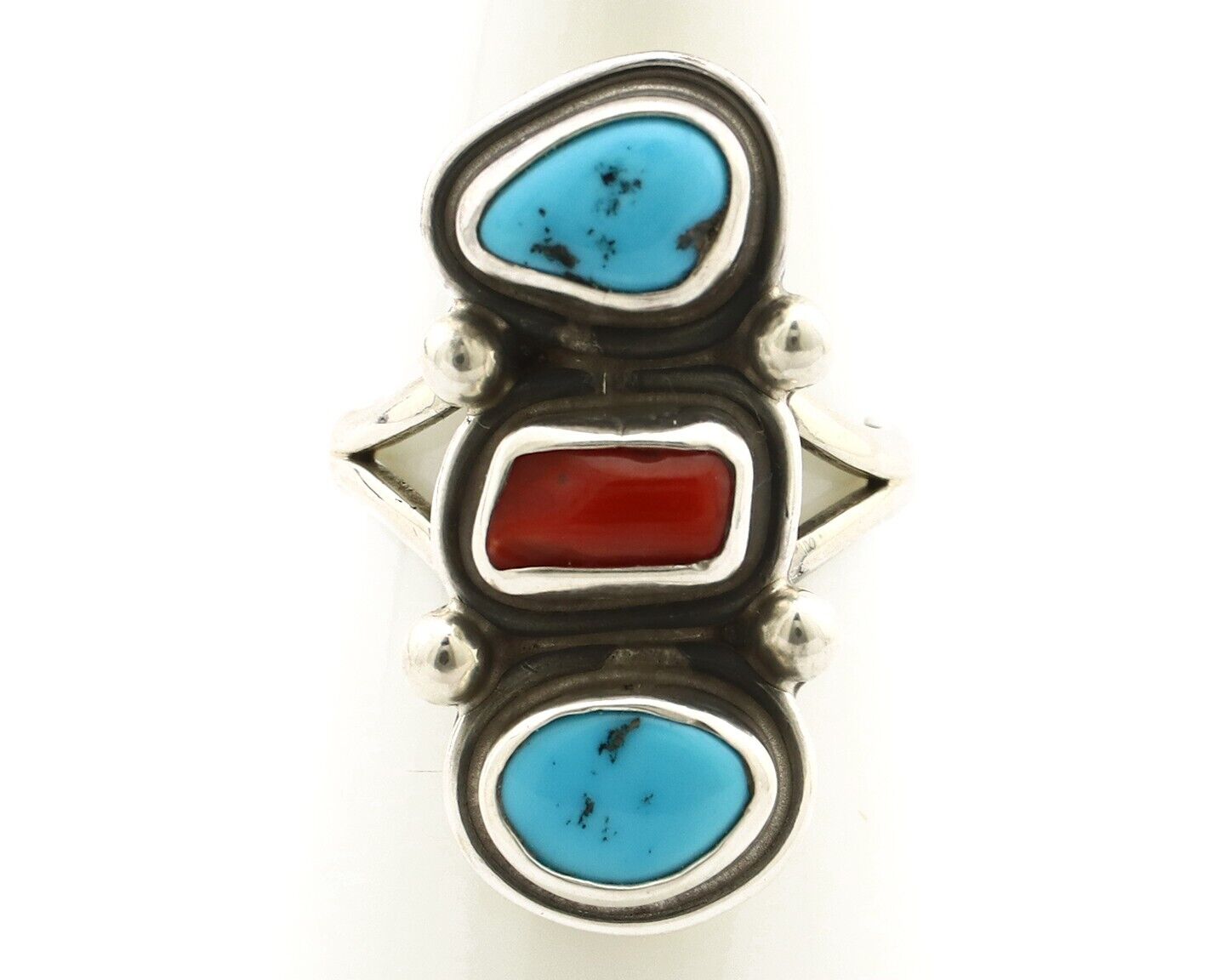 Navajo Ring 925 Silver Sleeping B Turquoise & Coral Native American Artist C.80s