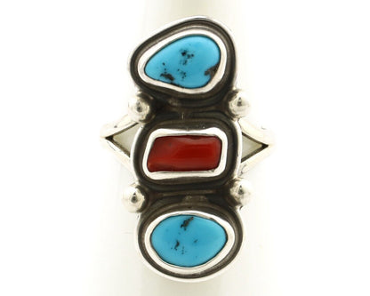 Navajo Ring 925 Silver Sleeping B Turquoise & Coral Native American Artist C.80s