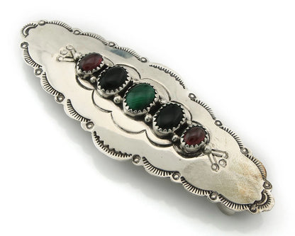 Navajo Barrette Sterling Silver Gemstones Hand Stamped Vintage Signed C/J NEZ