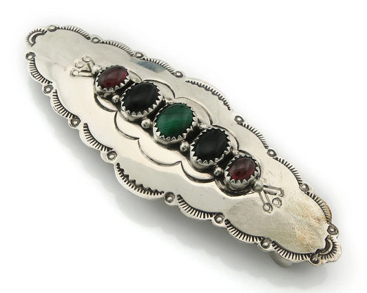 Navajo Barrette Sterling Silver Gemstones Hand Stamped Vintage Signed C/J NEZ