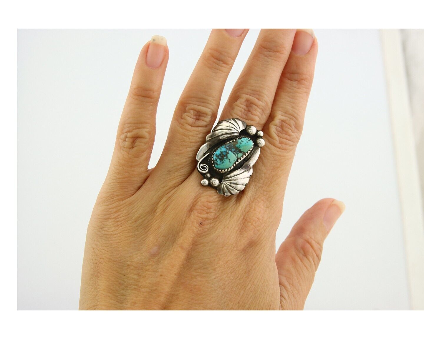 Navajo Ring 925 Sterling Natural Blue Turquoise Signed H Yazzie C.80's