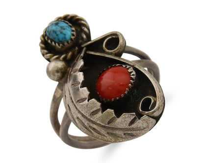Navajo Handmade Ring 925 Silver Turquoise & Coral Native Artist C.80's