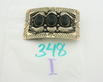 Navajo Concho Belt Buckle .999 Nickel Onyx Native American Artist 2x3 in C.80's