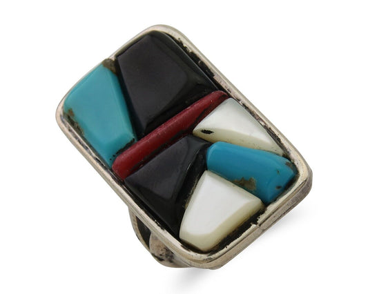 Navajo Ring 925 Silver Inlaid Natural Gemstone Signed WP Size 5.25
