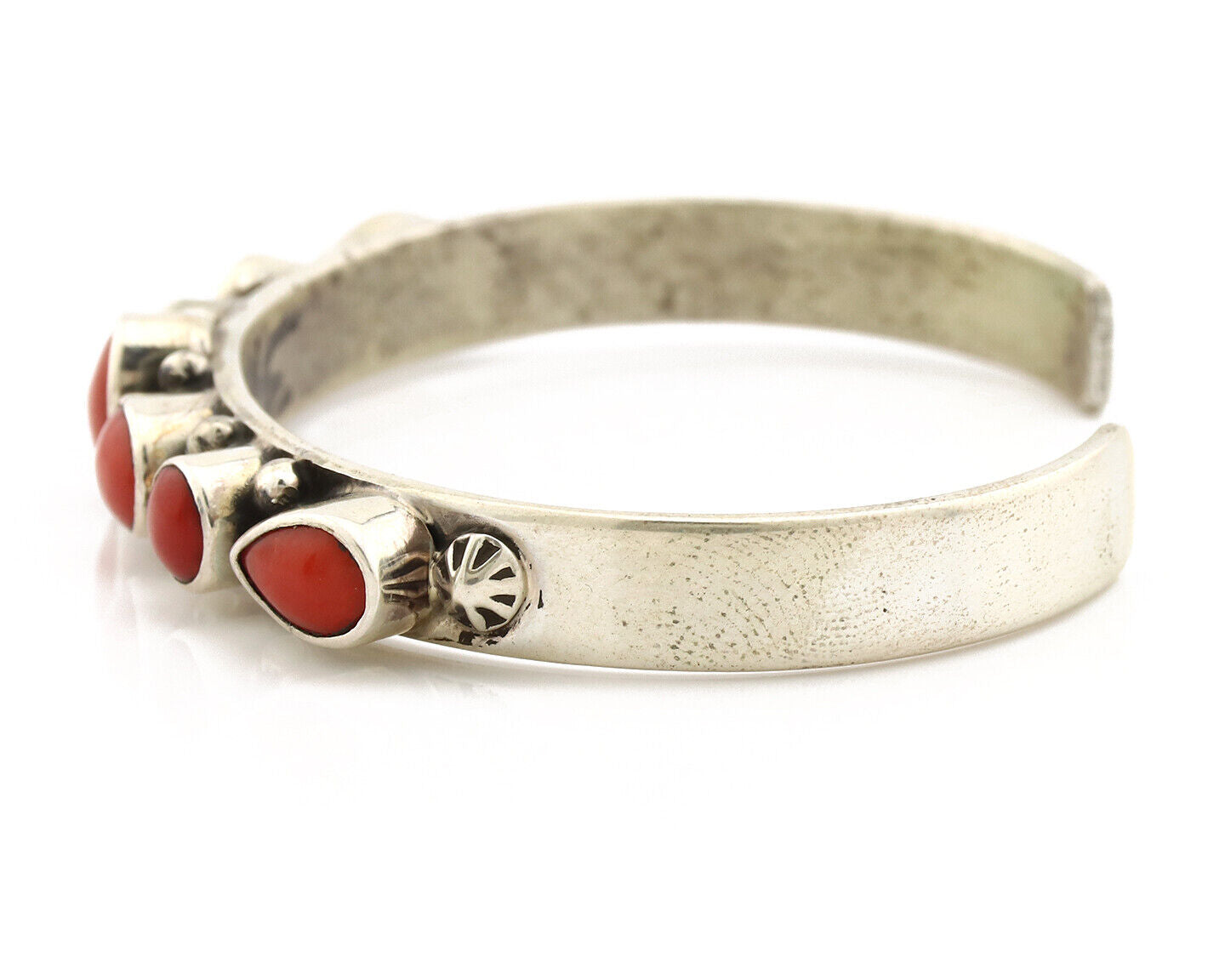 Navajo Bracelet .925 Silver Natural Red Coral Artist Signed Circle JW C.1980's