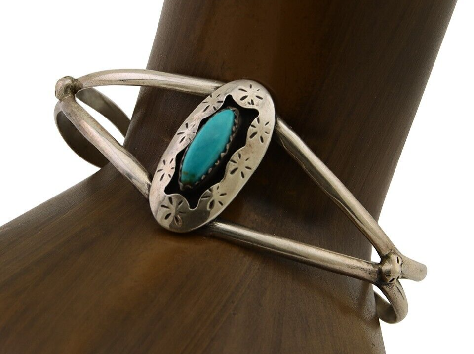 Navajo Hand Stamped Cuff Bracelet Turquoise 925 Silver Artist Signed IJC C.80's