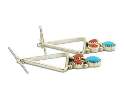 Navajo Earrings 925 Silver Turquoise & Coral Native American Artist C.80's