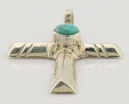 Navajo Sand Cast Cross Pendant 925 Silver Turquoise Artist Signed J Yazzie C.80s