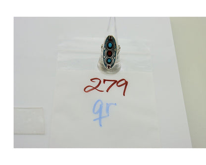 Navajo Handmade Ring 925 Silver Coral & Turquoise Signed Circle JW C.80's