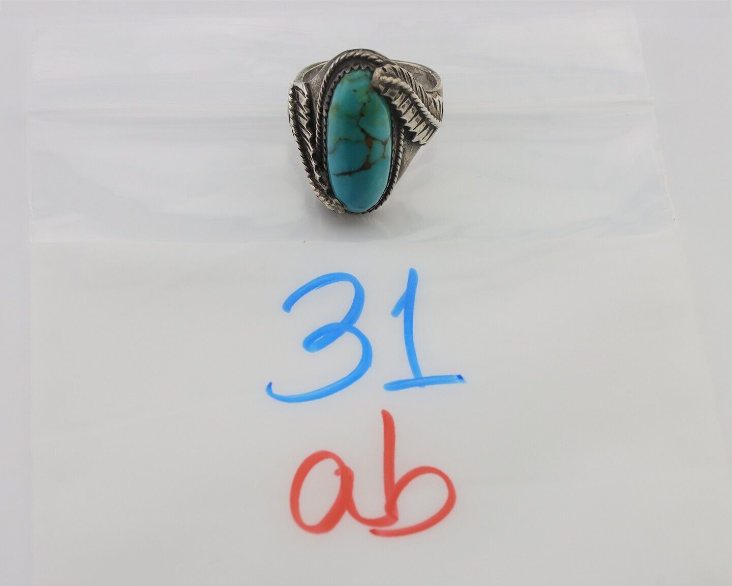Navajo Ring 925 Silver Kingman Turquoise Native American Artist C.80's