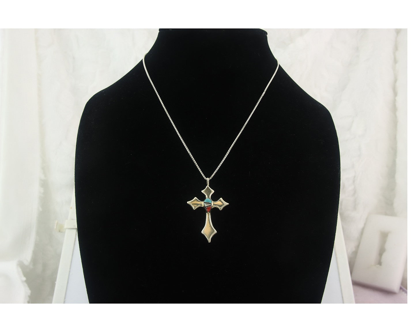 Navajo Cross Necklace Sterling Silver Authentic Natural Gemstones Signed M