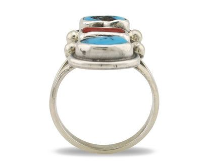 Navajo Ring 925 Silver Sleeping B Turquoise & Coral Native American Artist C.80s