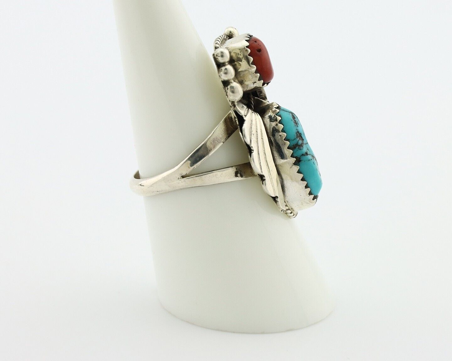 Navajo Ring .925 Silver Turquoise & Coral Artist Signed Justin Morris C.80's