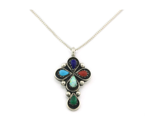 Navajo Cross Necklace Sterling Silver Natural Gemstones Artist Signed SL