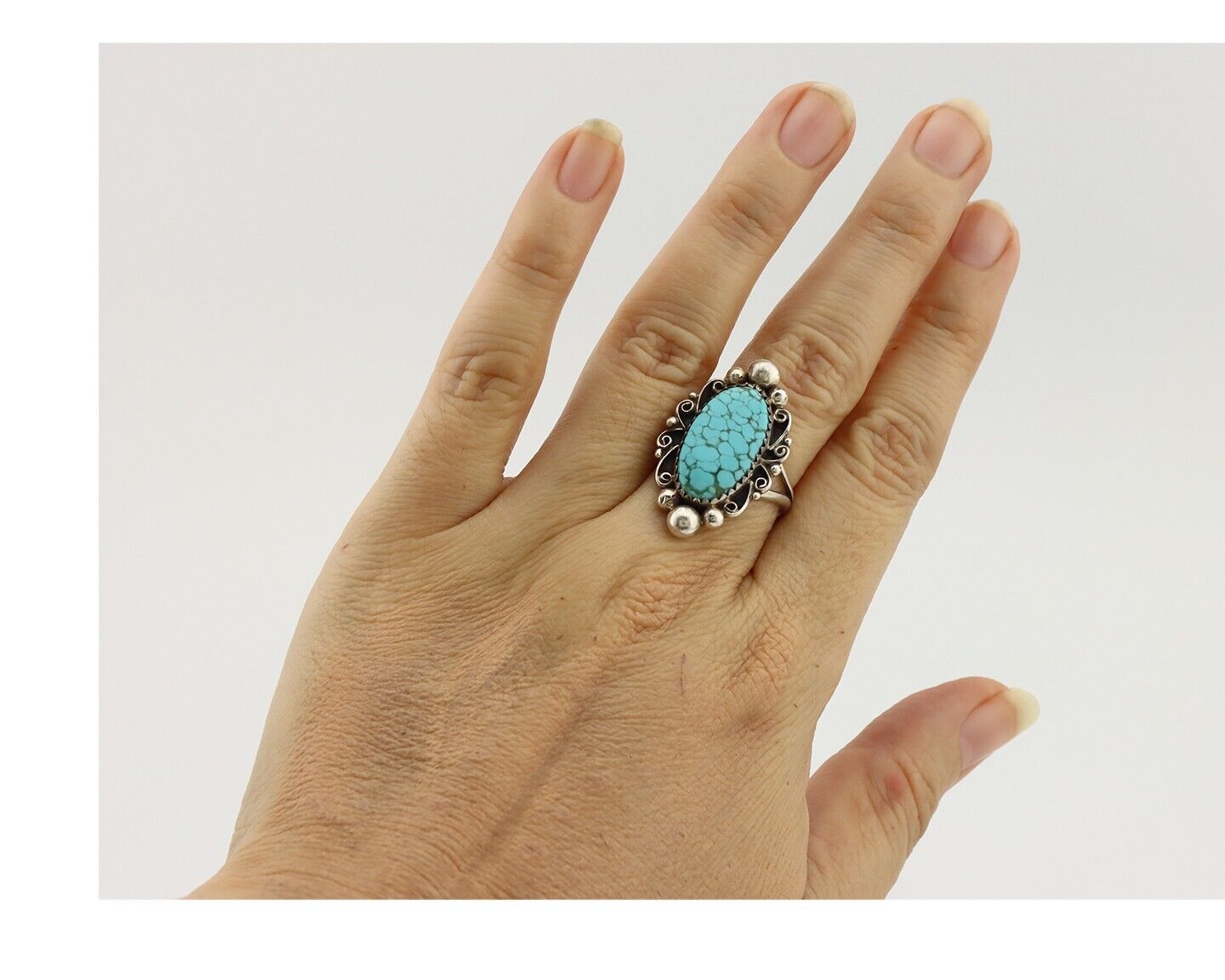 Navajo Ring 925 Silver Spiderweb Turquoise Native American Artist C.80's