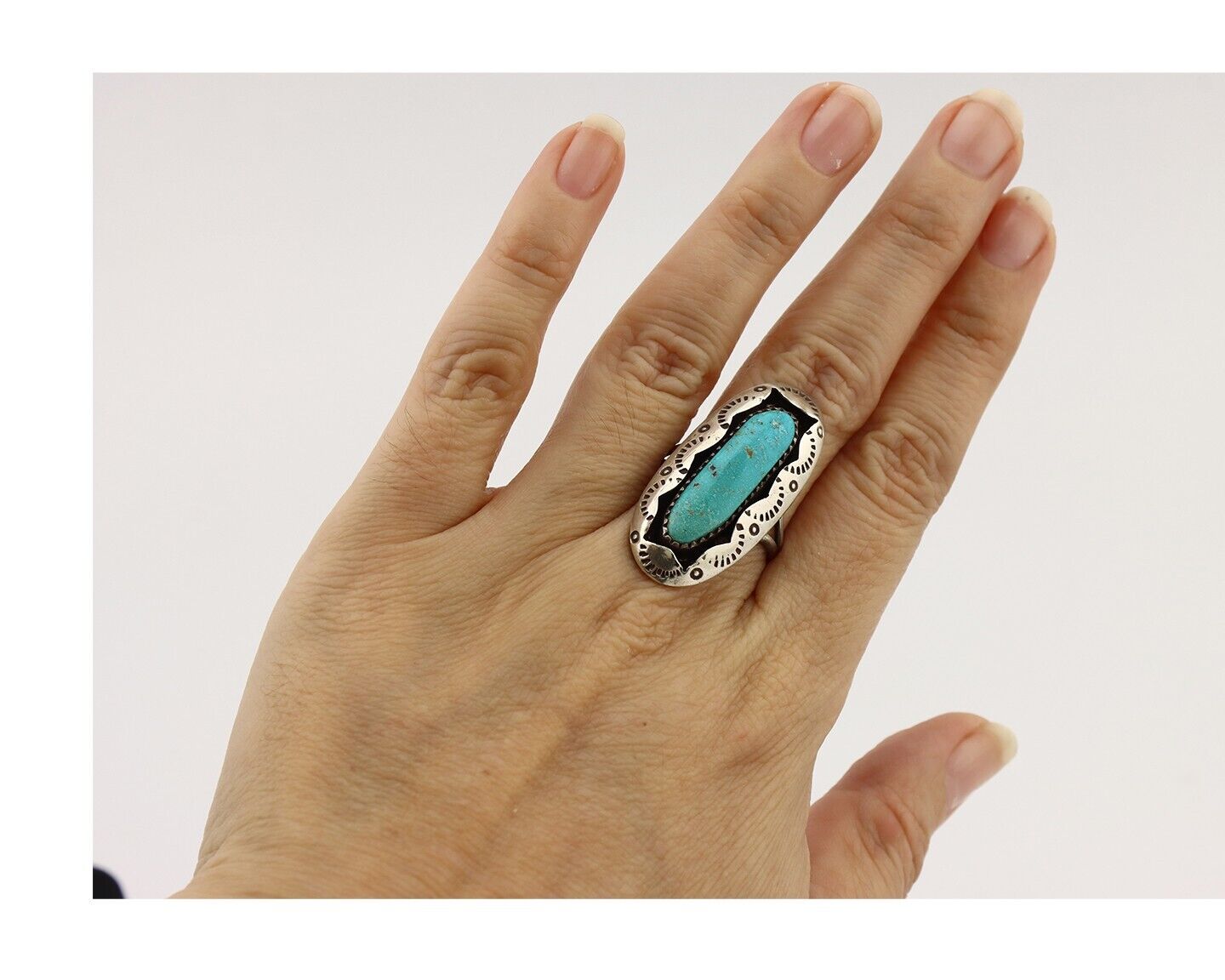 Navajo Ring 925 Silver Natural Kingman Turquoise Native American Artist C.80's