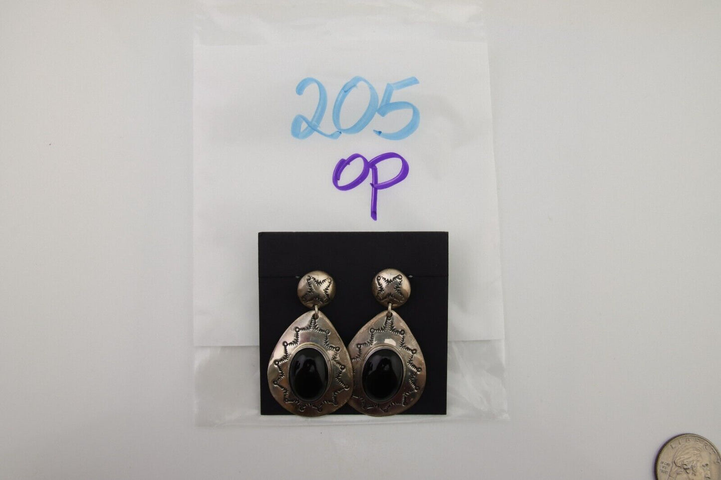 Navajo Handmade Earrings 925 Silver Onyx Artist Douglas Etsitty C.80's