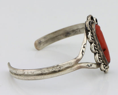 Navajo Bracelet 925 Silver Natural Red Coral Artist Signed L Begay C.80's