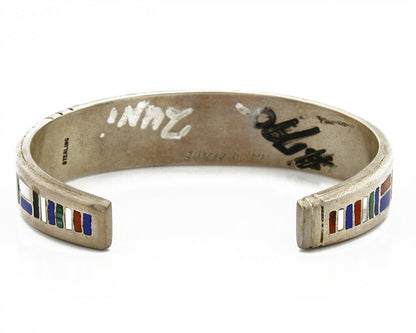 Early Artist David Freeland Inlaid Natural Gemstone .925 SOLID Silver Cuff
